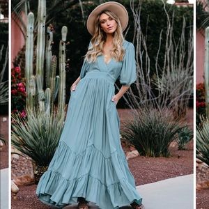 Pocketed Tiered Maxi Dress-Seafoam color